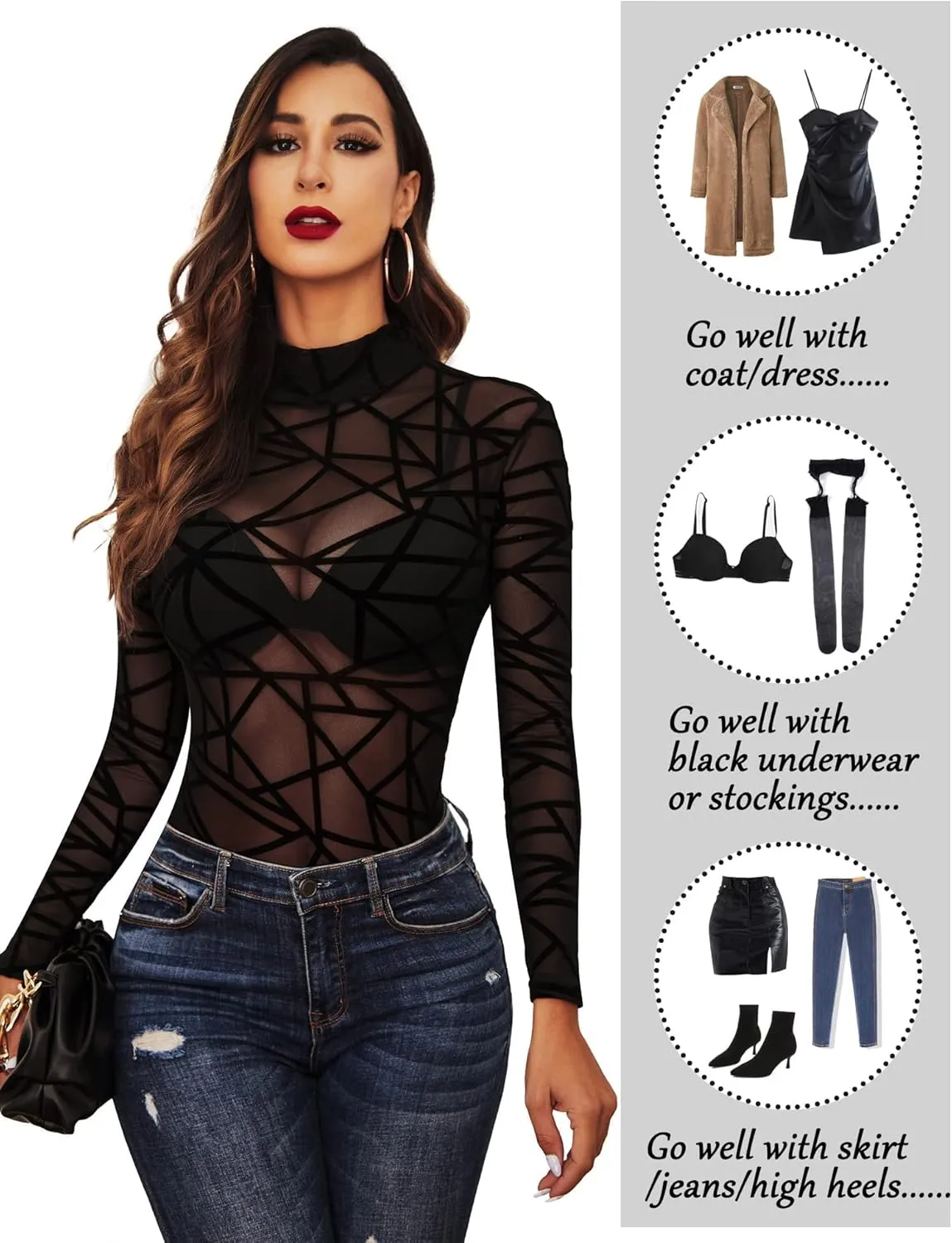 Avidlove Long Sleeve Bodysuit for Women Turtleneck Sheer Mesh Bodysuit Geo Print Leotards