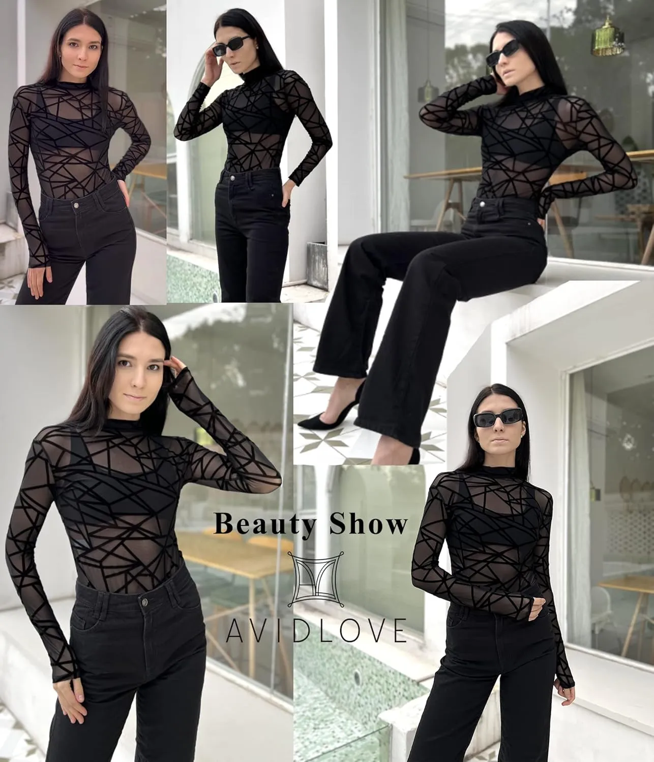 Avidlove Long Sleeve Bodysuit for Women Turtleneck Sheer Mesh Bodysuit Geo Print Leotards