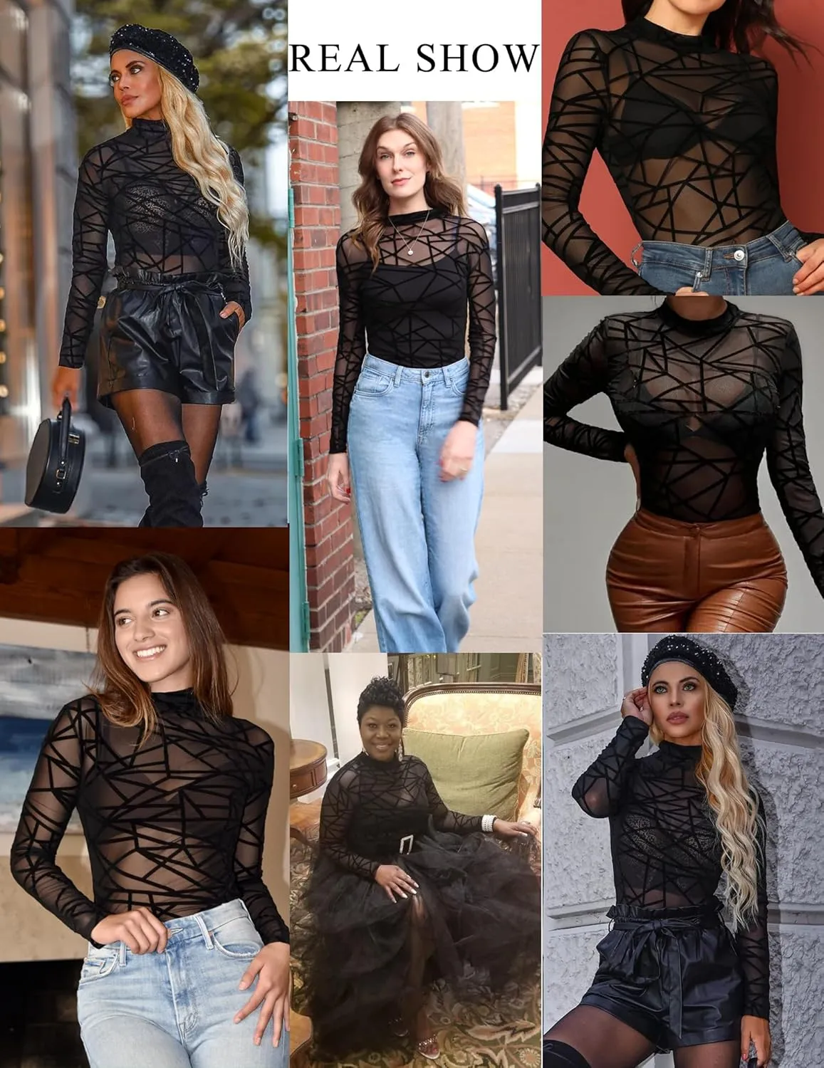 Avidlove Long Sleeve Bodysuit for Women Turtleneck Sheer Mesh Bodysuit Geo Print Leotards