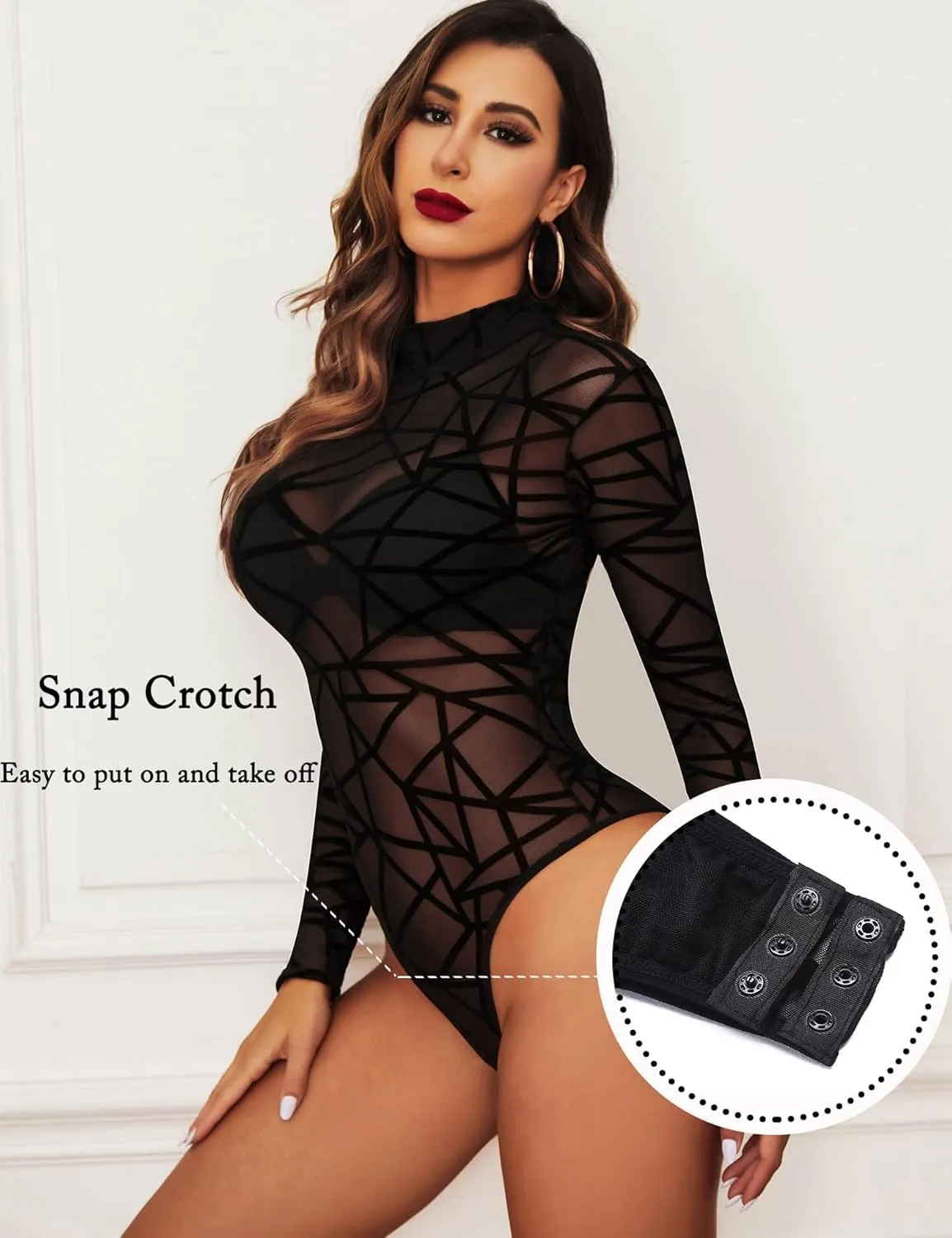 Avidlove Long Sleeve Bodysuit for Women Turtleneck Sheer Mesh Bodysuit Geo Print Leotards