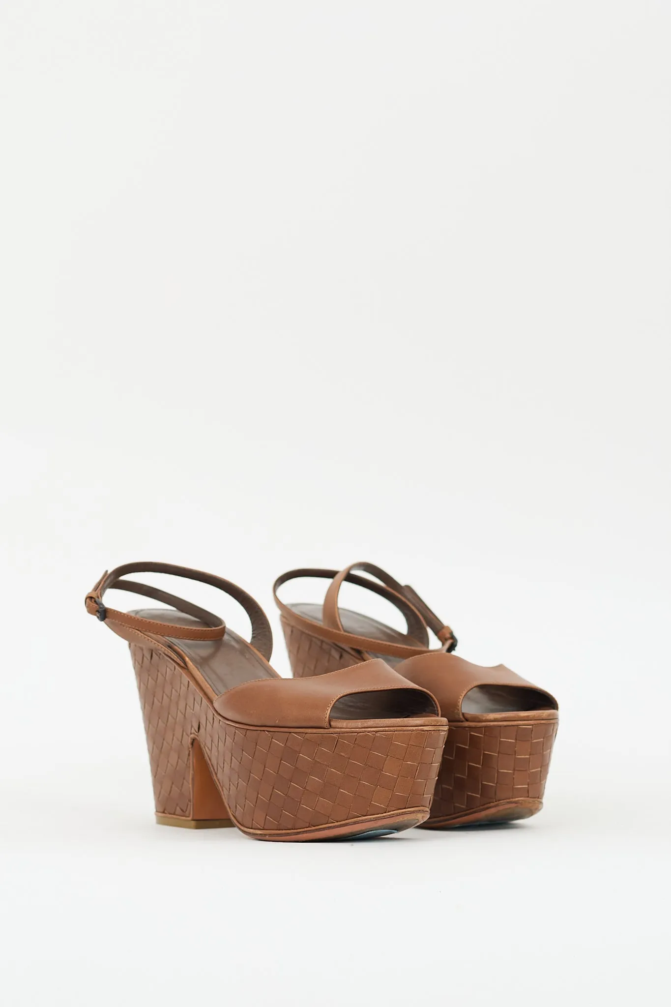 Brown Leather Intrecciato Platform Sandal