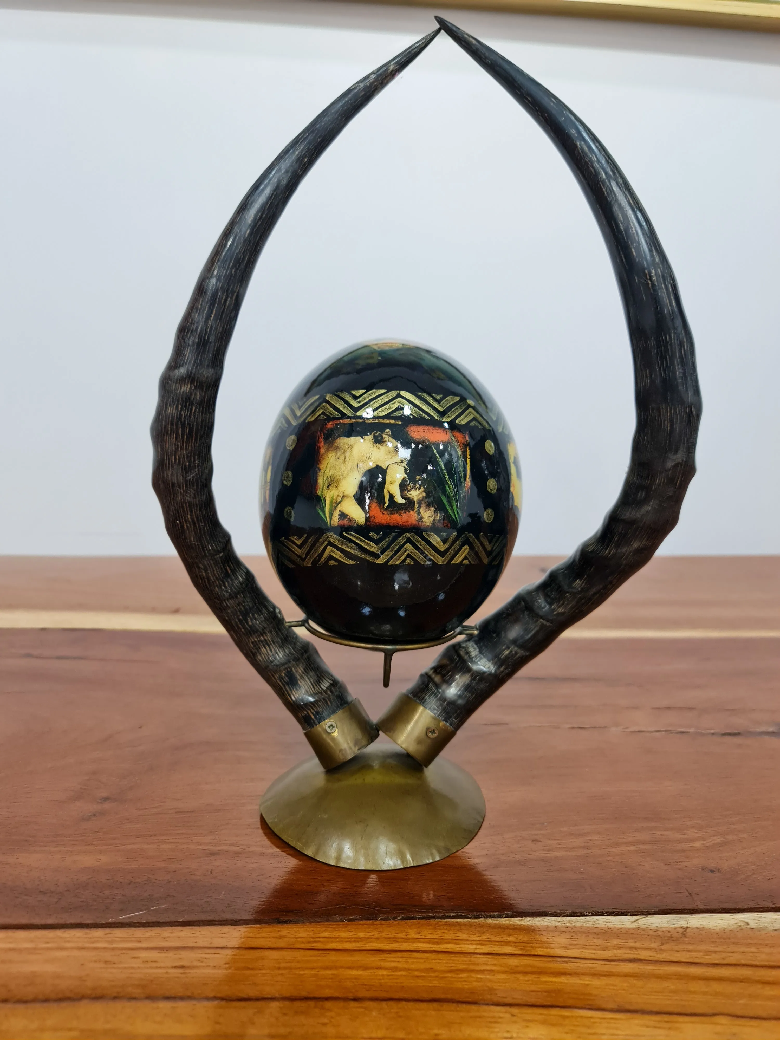Decoupage Ostrich Egg   Antique Horn Base