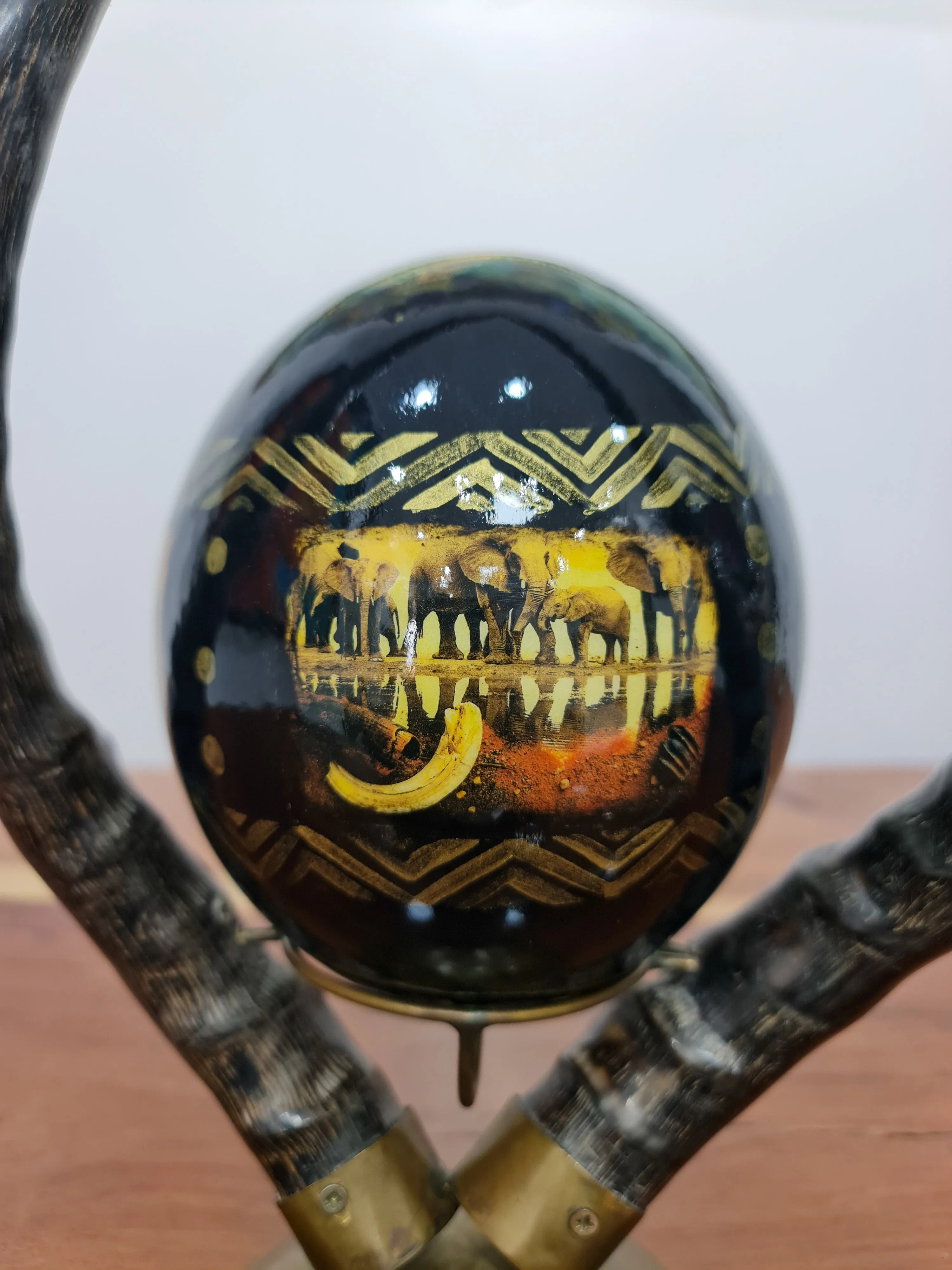Decoupage Ostrich Egg   Antique Horn Base