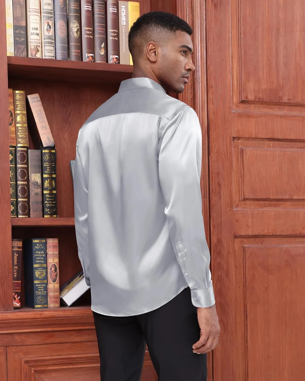J.VER Men's Silk Satin Long Sleeve Dress Shirts Shiny Casual Button Down Shirt Luxury Party Prom Shirts