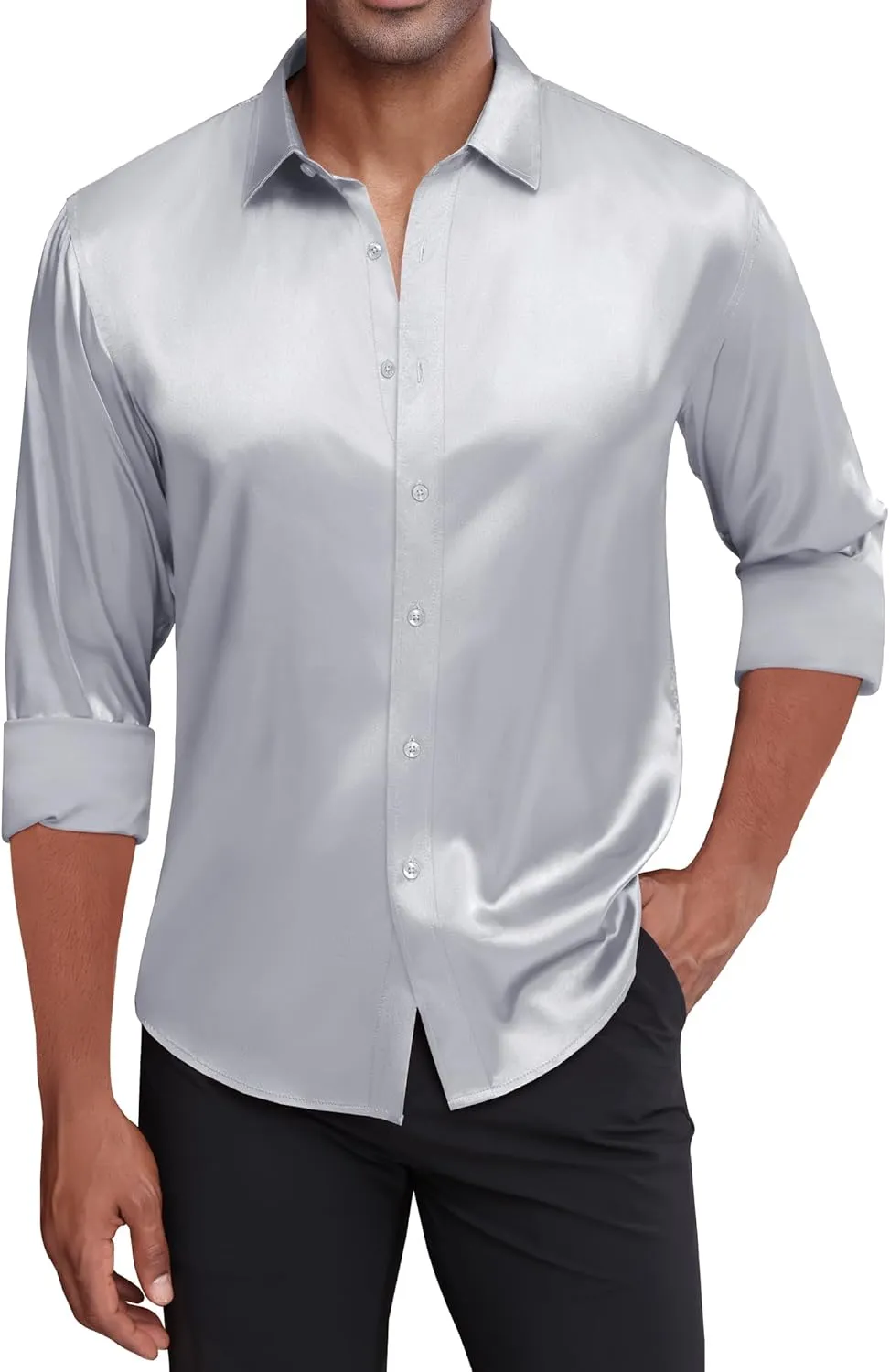 J.VER Men's Silk Satin Long Sleeve Dress Shirts Shiny Casual Button Down Shirt Luxury Party Prom Shirts
