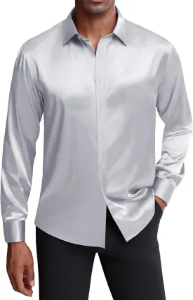 J.VER Men's Silk Satin Long Sleeve Dress Shirts Shiny Casual Button Down Shirt Luxury Party Prom Shirts