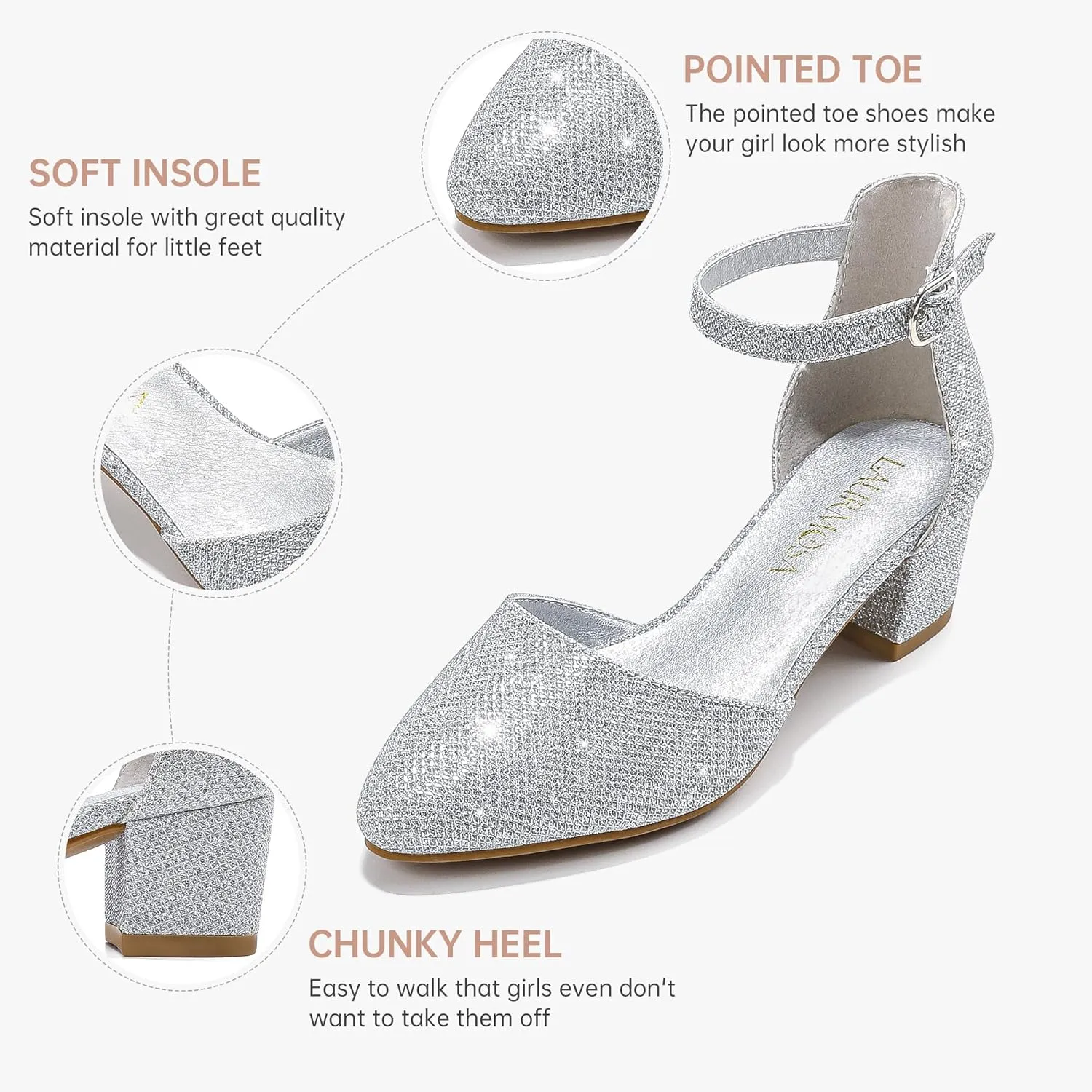 Little Girls Sandals Closed Toe High Heels Formal Dress Shoes Ankle Strap Pointed Toe Heeled for Little Big Kids in Wedding Party Block Chunky Pump Shoes