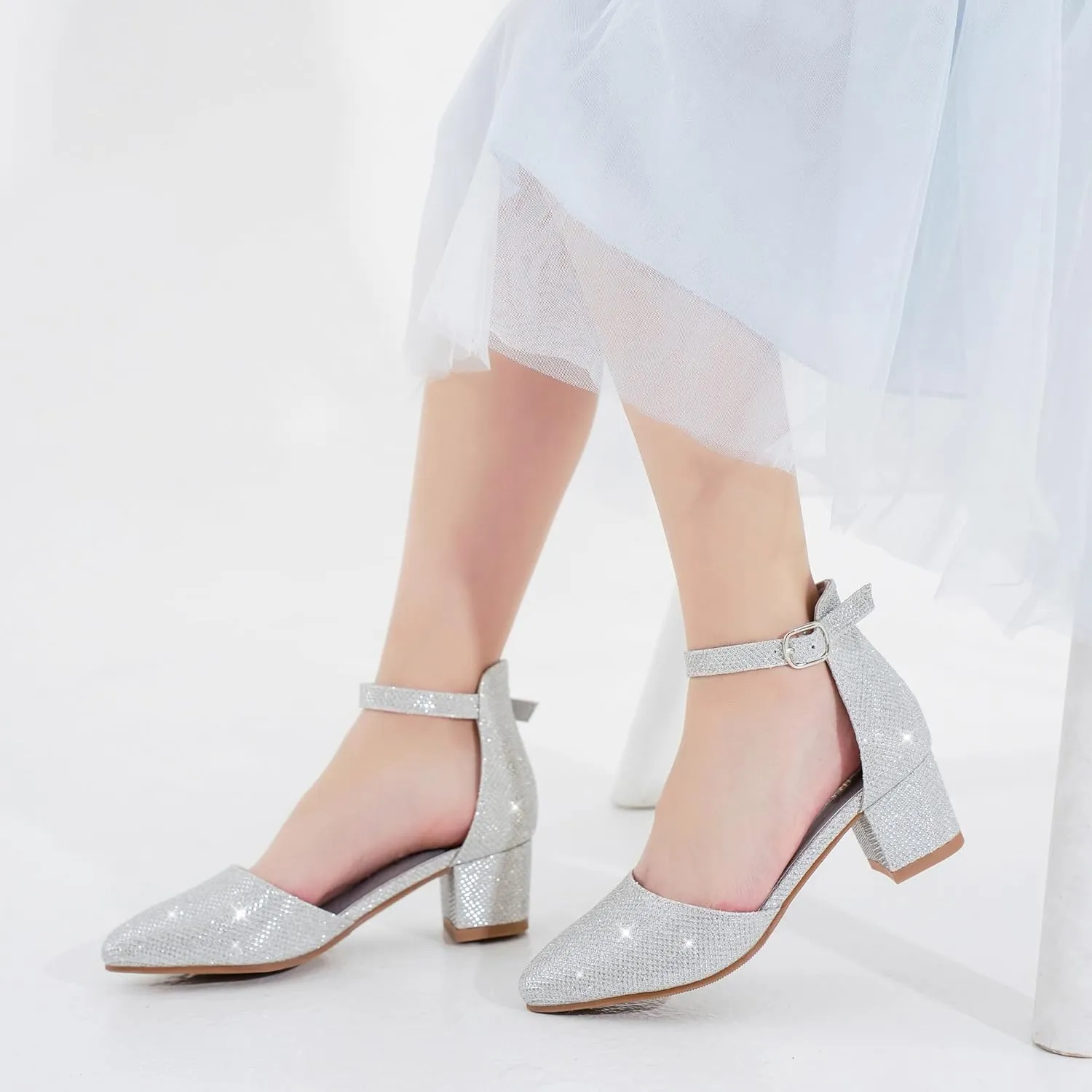 Little Girls Sandals Closed Toe High Heels Formal Dress Shoes Ankle Strap Pointed Toe Heeled for Little Big Kids in Wedding Party Block Chunky Pump Shoes