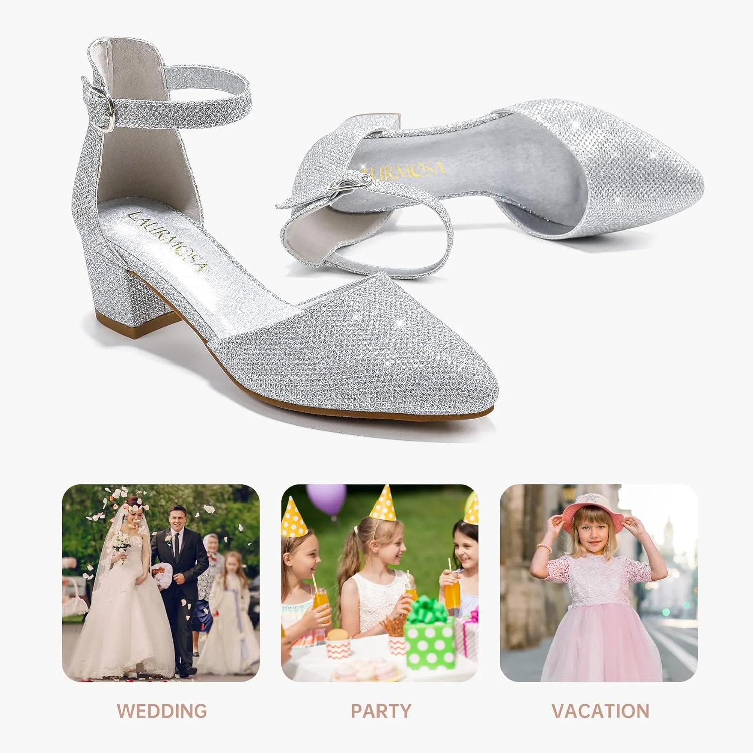Little Girls Sandals Closed Toe High Heels Formal Dress Shoes Ankle Strap Pointed Toe Heeled for Little Big Kids in Wedding Party Block Chunky Pump Shoes