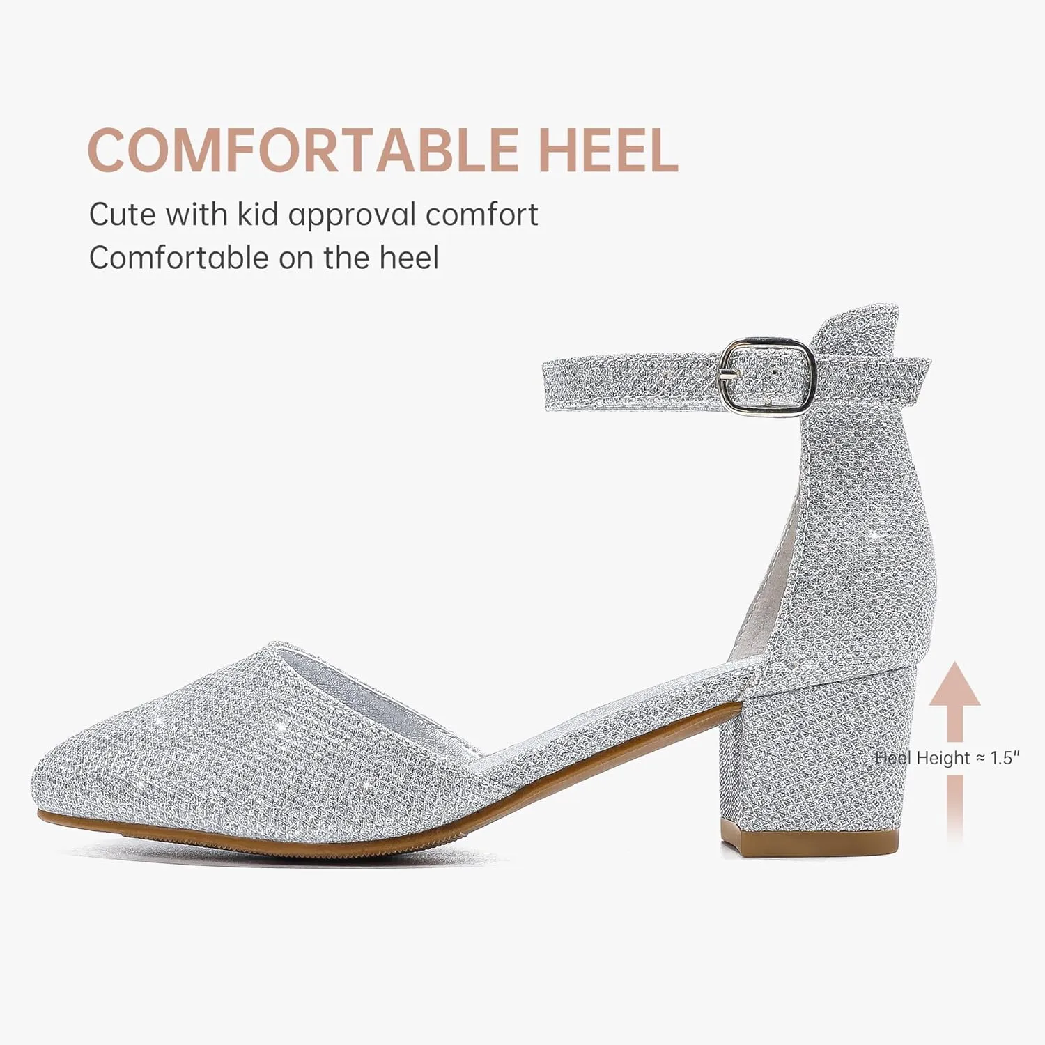 Little Girls Sandals Closed Toe High Heels Formal Dress Shoes Ankle Strap Pointed Toe Heeled for Little Big Kids in Wedding Party Block Chunky Pump Shoes