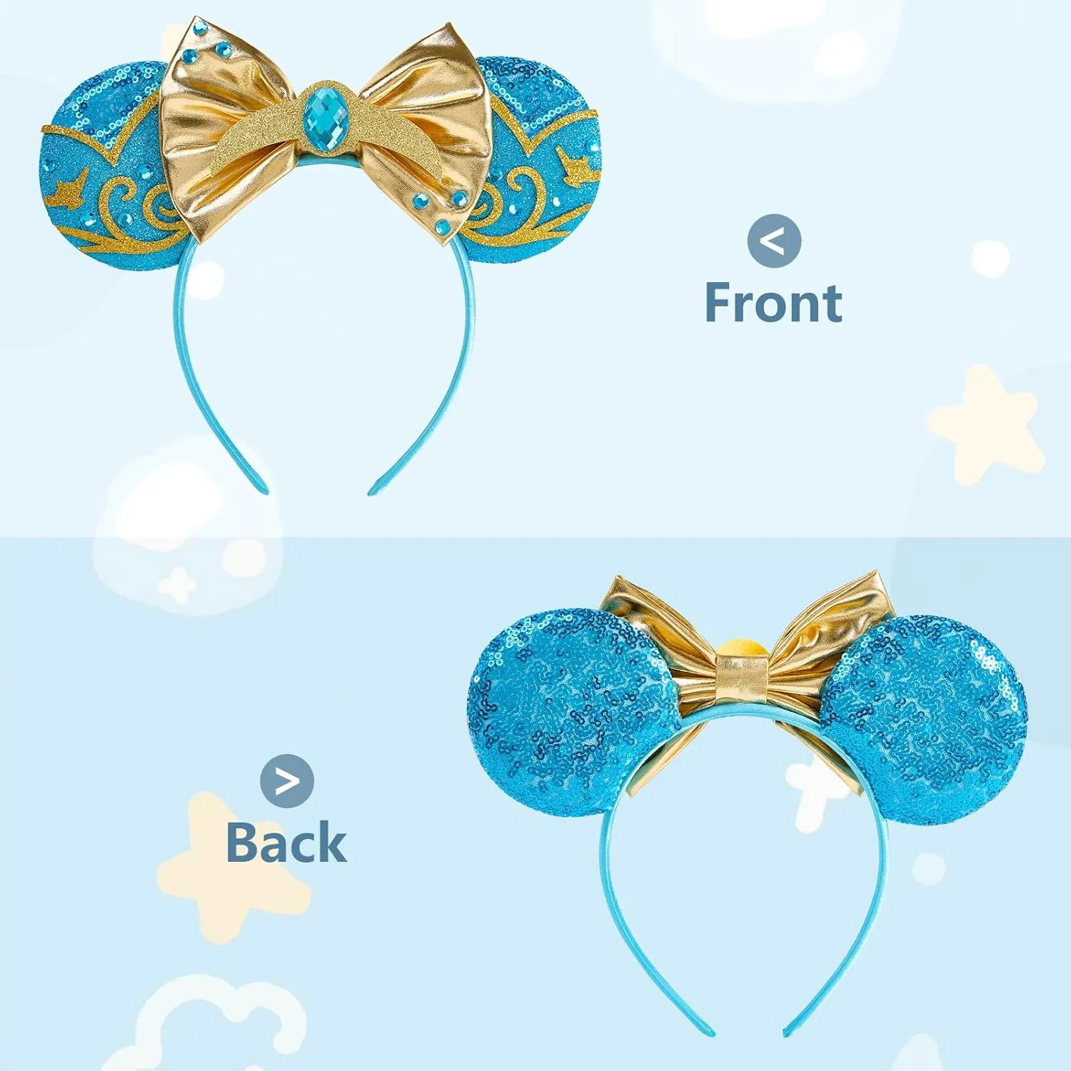 LYLIN Jasmine Princess Mouse Ears, Aladdin Mouse Ears Headband with Bow Hairs Accessories for Girls Women Adults Aladdin Blue Headband for Birthday Parties Cosplay Accessories Party Decorations