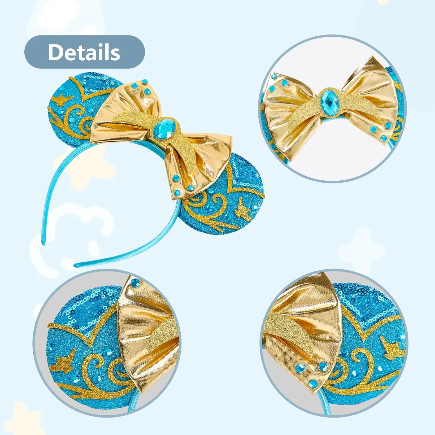 LYLIN Jasmine Princess Mouse Ears, Aladdin Mouse Ears Headband with Bow Hairs Accessories for Girls Women Adults Aladdin Blue Headband for Birthday Parties Cosplay Accessories Party Decorations