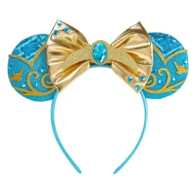LYLIN Jasmine Princess Mouse Ears, Aladdin Mouse Ears Headband with Bow Hairs Accessories for Girls Women Adults Aladdin Blue Headband for Birthday Parties Cosplay Accessories Party Decorations