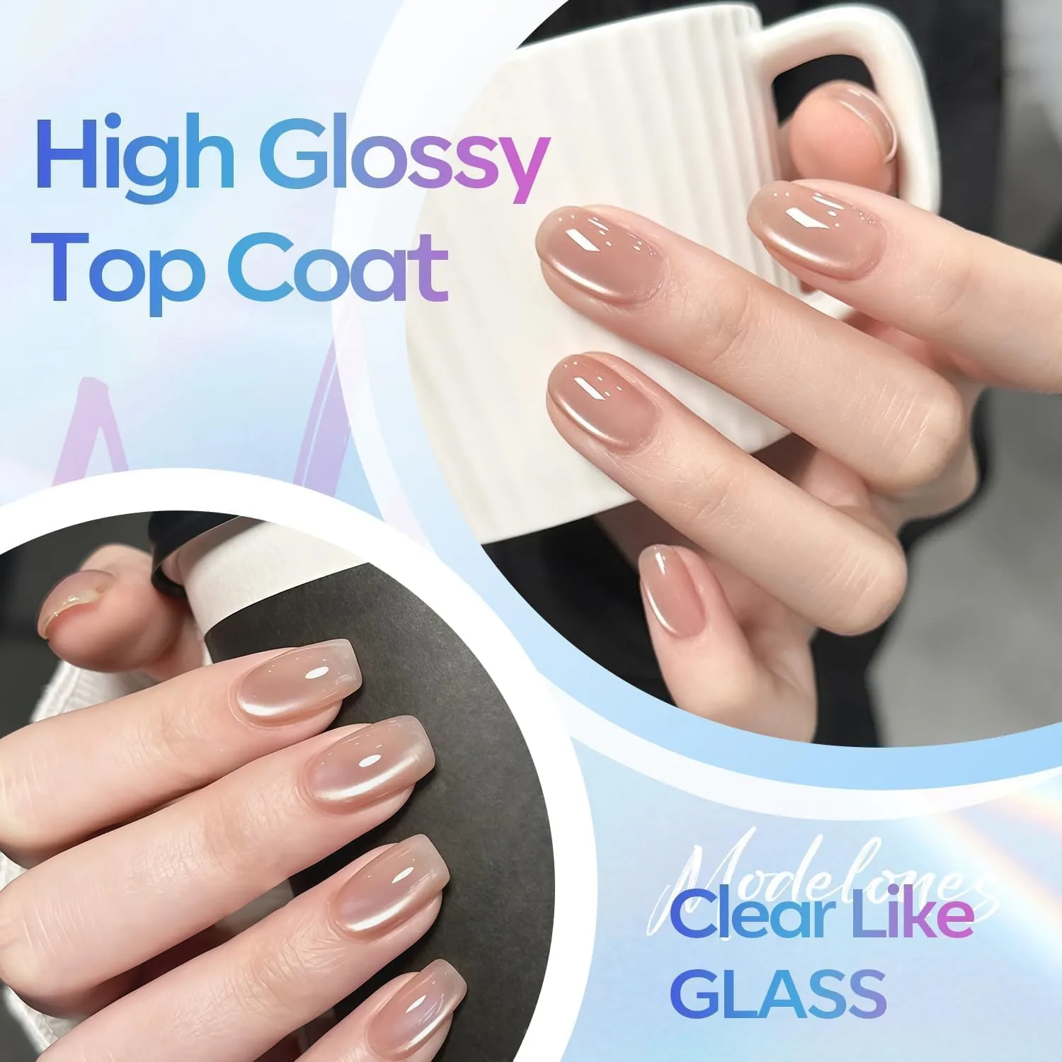 modelones Gel Nail Polish Top Coat, 15ml No Wipe High Gloss Shiny Long Lasting Clear Top Gel for Acrylic Nails, Need U V/LED Lamp for Home DIY and Summer Nail Salon
